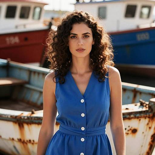 Focused Woman by a Weathered Boat