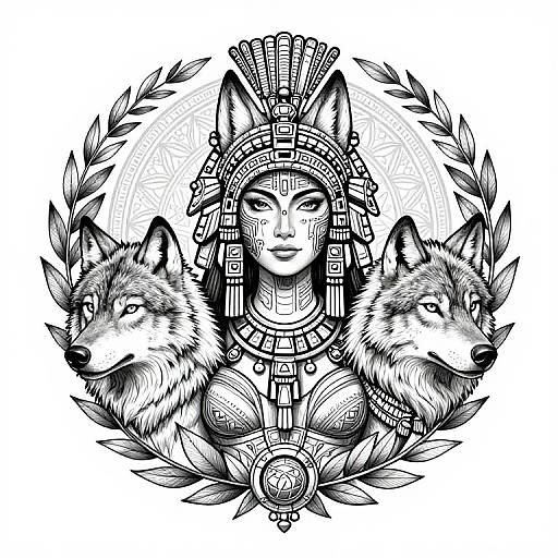 Black and white ink drawing of an ancient Egyptian woman with a headdress, flanked by two wolves, surrounded by laurel leaves.