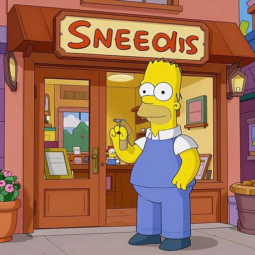 Cartoon image of yellow-haired Homer Simpson standing in front of 