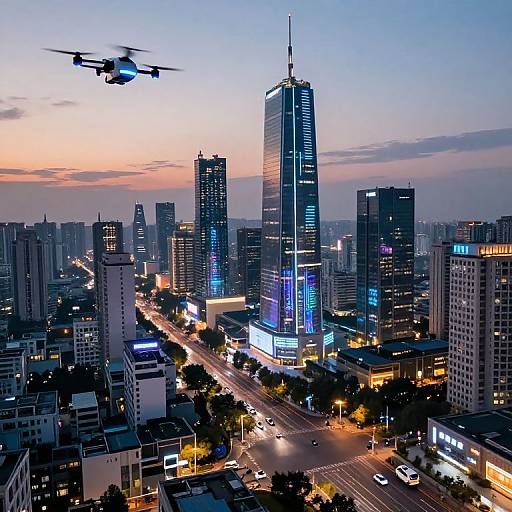 Photograph of a bustling cityscape at dusk, featuring a tall illuminated skyscraper, flying drone, vibrant neon lights, and busy streets.