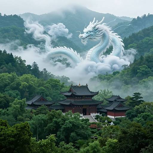 Photograph of a traditional East Asian temple with dark, curved roofs surrounded by lush green forest, with a white, serpentine dragon emerging from mist