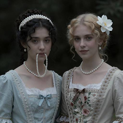 Two Women in Victorian-Style Pearl Adorned Dresses