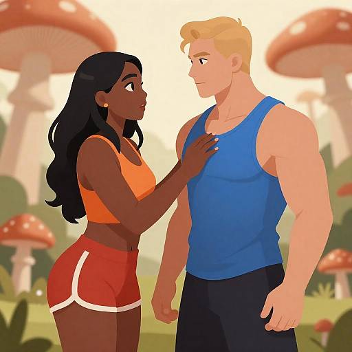 Blond Man and Surprised Woman Amid Mushrooms