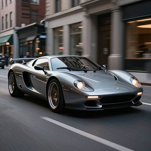 Photograph of a sleek, silver, high-performance sports car with glowing headlights, driving quickly down an urban street with blurred buildings.