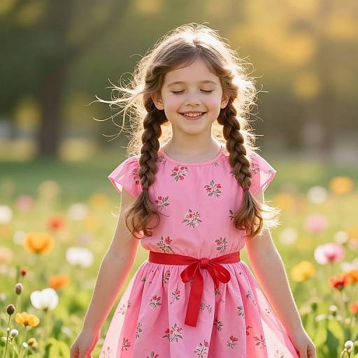 Cheerful Girl in Sunny Floral Meadow
