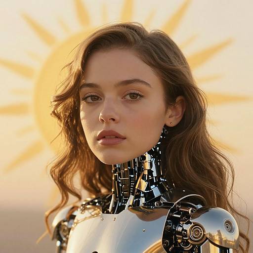 Photorealistic digital art of a beautiful woman with long brown hair, cybernetic neck and shoulders, glowing orange background, sunlight behind.