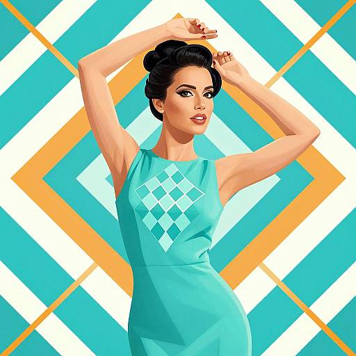Digital illustration of a stylish woman with dark hair in an updo, wearing a turquoise dress with diamond patterns, posing against a vibrant, geometric background of