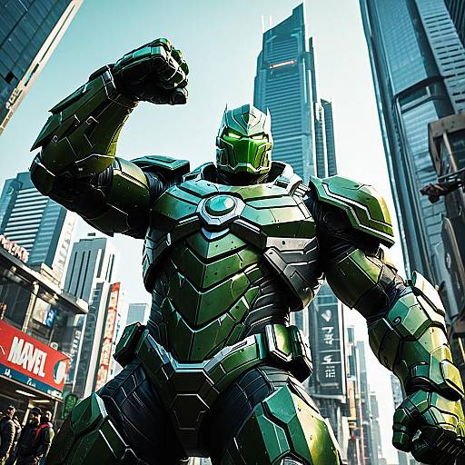 Giant Green Armored Hero in Futuristic City
