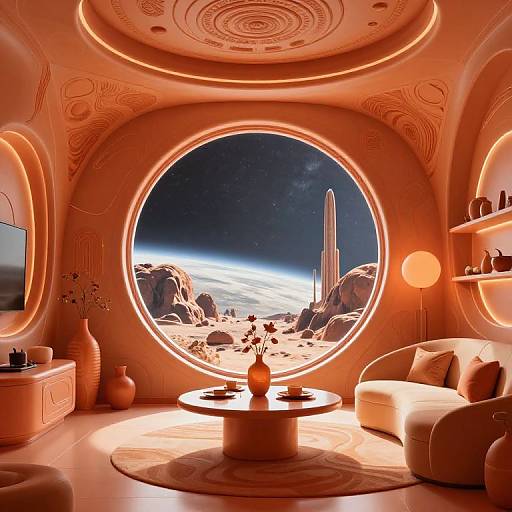 Photorealistic CGI of a futuristic orange-lit living room with circular window showing desert landscape, tall rock formation, and starry sky. Modern,