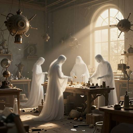Photograph-style CGI of ethereal white-robed ghostly figures in a sunlit, cluttered steampunk workshop, working on wooden tables,