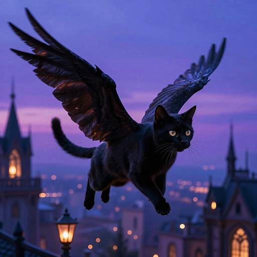 Winged Black Cat Over Gothic Cityscape