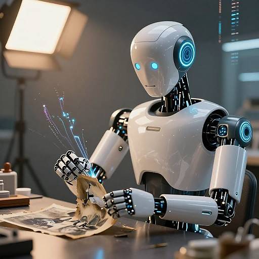 Photograph of a white, glowing blue-eyed, humanoid robot with black joints, crafting with a laser tool on a table in a dimly lit,