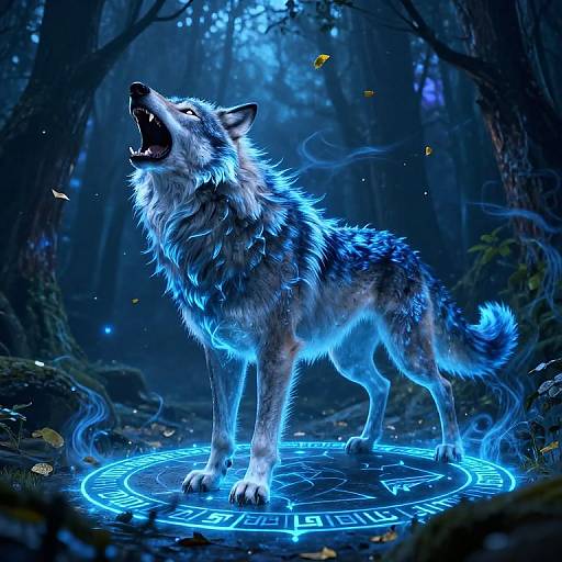 Digital artwork of a glowing blue wolf with an open mouth, standing on a magical blue rune circle in a dark, enchanted forest.