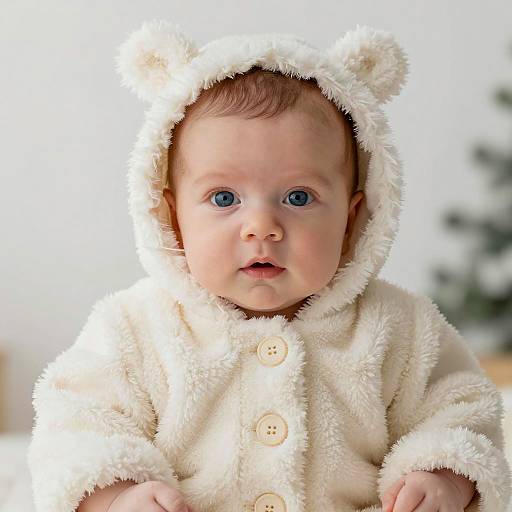 Newborn Baby in Cream Hooded Fur Coat