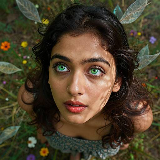 Photograph of a young woman with green eyes, dark curly hair, and fairy wings, gazing up with red lips, in a grassy,