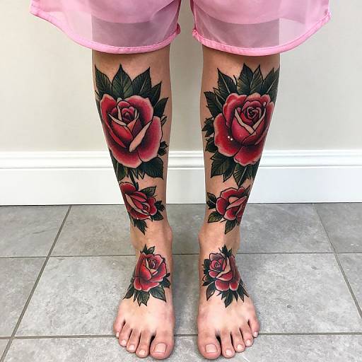 Photograph of a person's lower legs and feet, showcasing vibrant red rose tattoos with black leaves on both calves and ankles, wearing pink shorts, standing