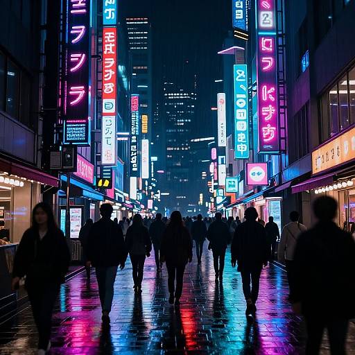 Photograph of a neon-lit, rainy urban street at night, with silhouetted pedestrians walking between brightly colored Japanese signs reflecting vividly on