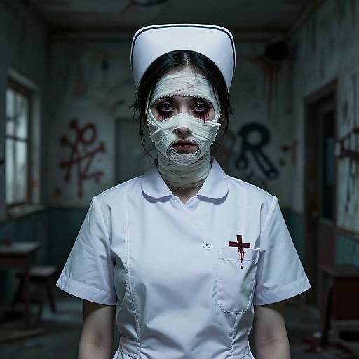 Photograph of a pale, blood-streaked nurse with bandaged face, wearing a white uniform and cap, standing in a dark, graffiti-covered