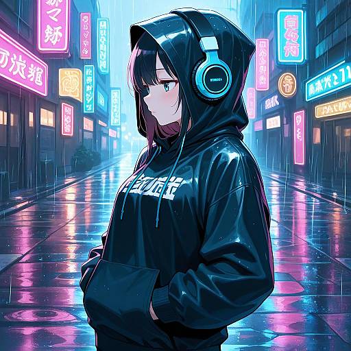 Solo Girl in Rainy Neon Street Scene