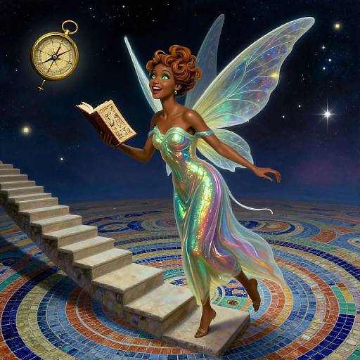 Digital illustration of a dark-skinned fairy woman with curly red hair, glowing green dress, and iridescent wings, ascending a staircase, holding a