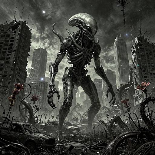 Digital artwork of a towering, black, alien creature with a smooth, shiny head and menacing tendrils, standing in a ruined, dark, post-ap