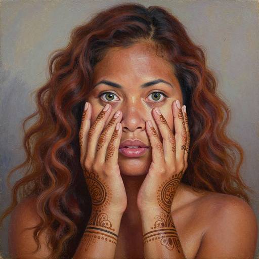 Photograph of a beautiful, brown-skinned woman with long, wavy auburn hair, wide green eyes, and henna-adorned