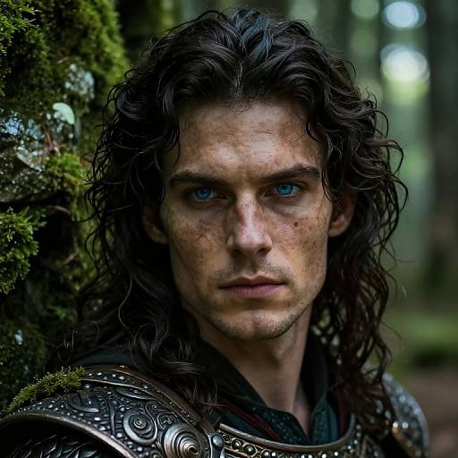 Photograph of a serious, blue-eyed, freckled man with long, wavy black hair, wearing ornate, metallic armor, standing in