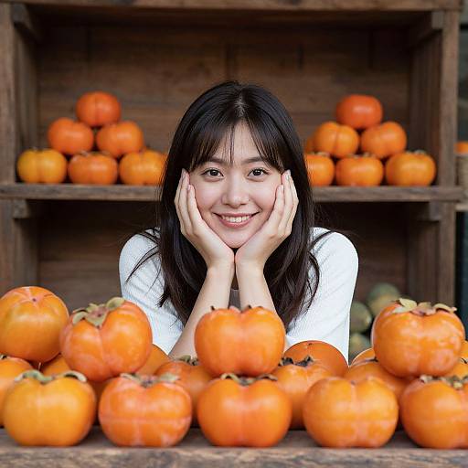 Smiling Woman with Vibrant Persimmons