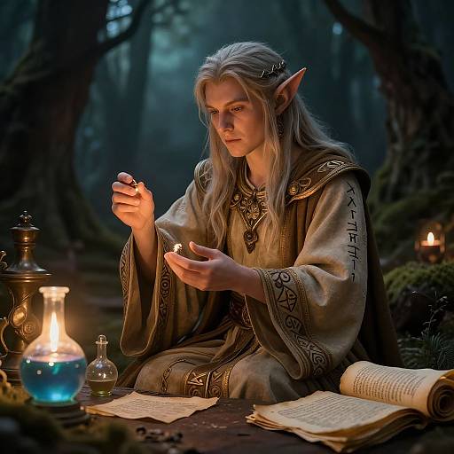 Elf Alchemist in Mystical Forest