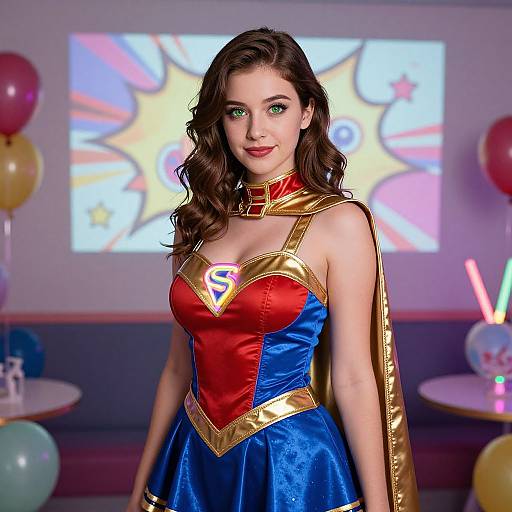 Photorealistic digital image of a fair-skinned woman with wavy brown hair, wearing a vibrant Supergirl costume, standing in a colorful,