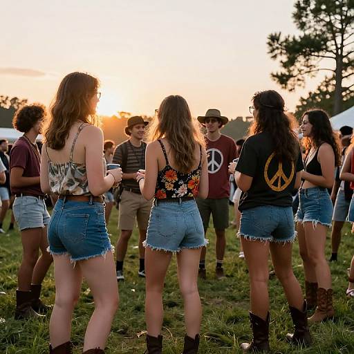 Photograph of young people at a sunset festival, wearing denim shorts, floral tops, and black tees with guitar designs, standing on grassy field