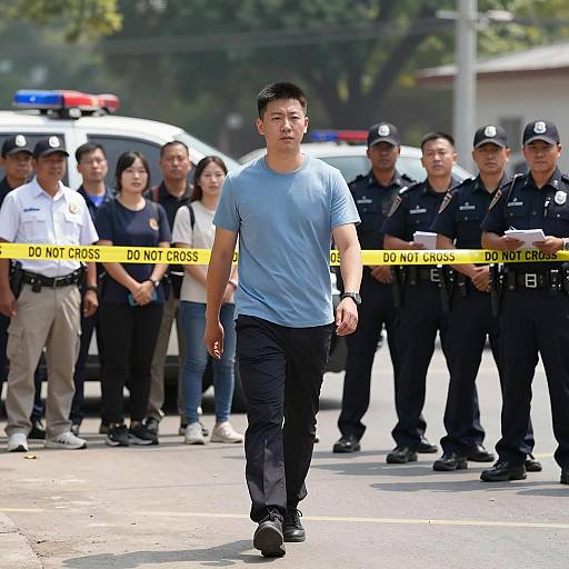 Man Walking Amidst Police Crowd Scene