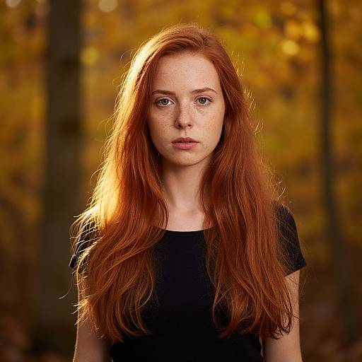Photograph of a fair-skinned, red-haired woman with freckles, wearing a black top, standing in a sunlit autumn forest.