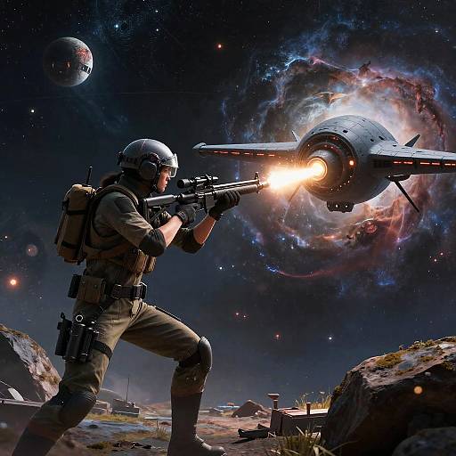 Futuristic Sniper Firing at Cloaked Drone in Space Battlefield