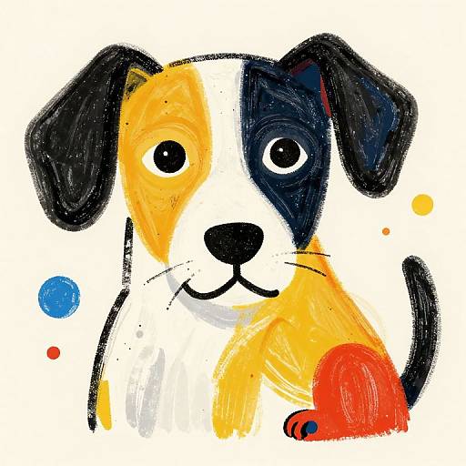 Whimsical, colorful digital drawing of a cute, black-and-white dog with orange and yellow patches, sitting on a white background.