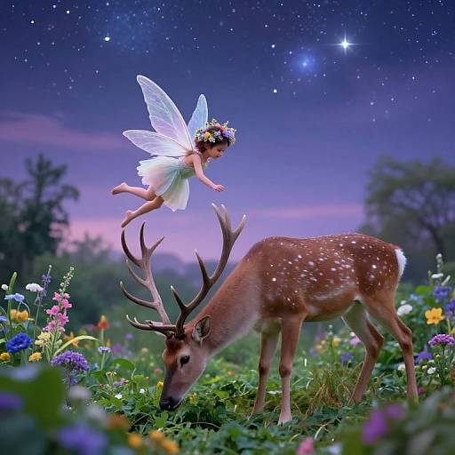 Fairy with translucent wings and flower crown hovers above a grazing deer with antlers in a vibrant, starry night garden.