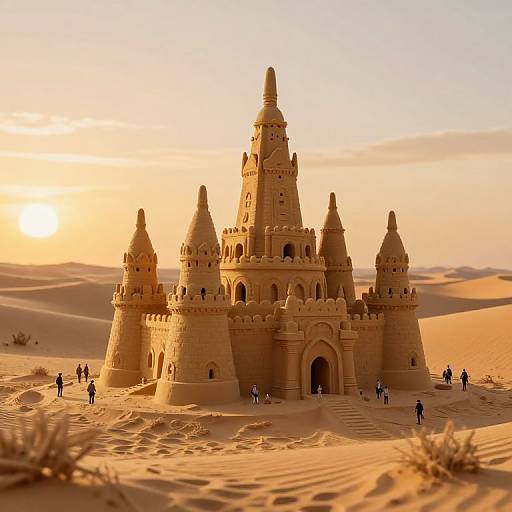 Photograph of a massive sandcastle resembling a medieval castle in a golden desert at sunset, surrounded by small groups of people.