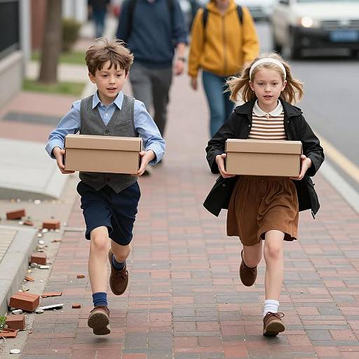 Children Running on a Brick Sidewalk