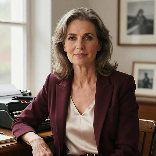 Photograph of a middle-aged woman with gray hair, wearing a maroon blazer and white blouse, sitting in a sunlit office with vintage typ