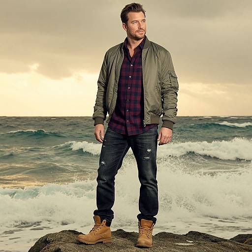 Photograph of a bearded man in a green jacket, red plaid shirt, ripped jeans, and brown boots, standing on a rocky shore with