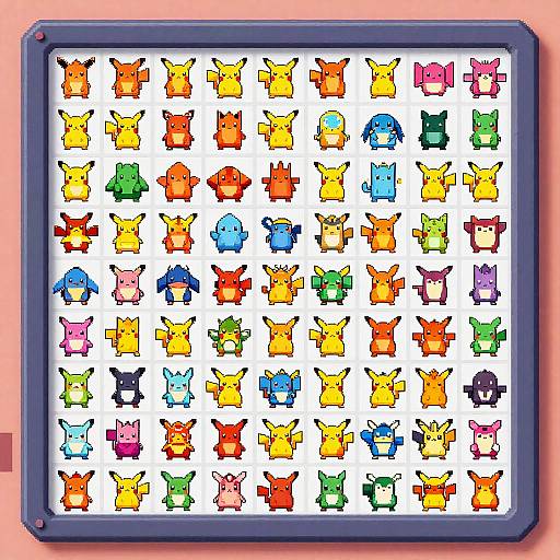Pixel art image of a grid featuring colorful, small, cartoon-like Pokémon characters in various colors, arranged in rows, on a white background, framed by