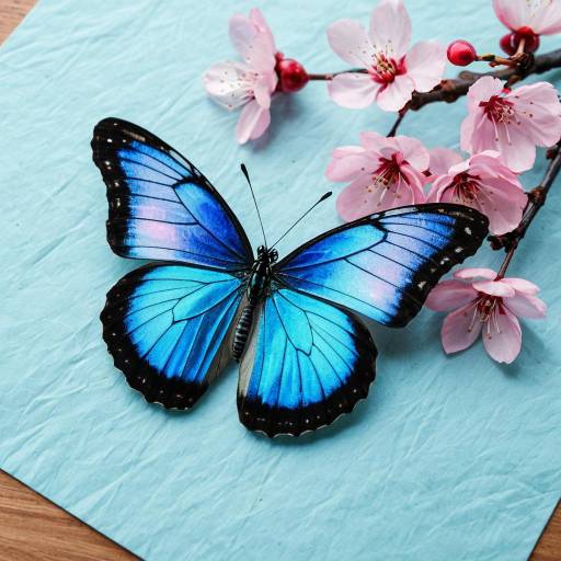 Iridescent Sapphire Butterfly on Cherry Blossoms