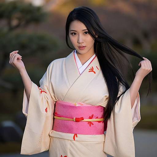 Photograph of an Asian woman with long black hair, wearing a white kimono with red floral accents and a pink obi, holding her hair,