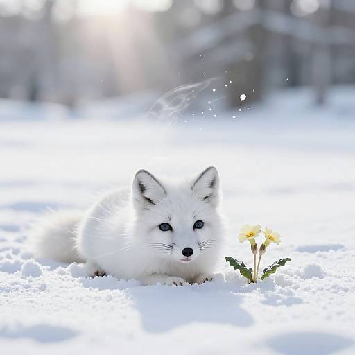 Photograph of a fluffy white fox with blue eyes lying in snow, beside a single yellow flower, with sunlit forest background.