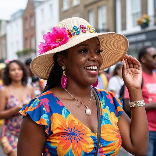 Photograph of a smiling Black woman with dark skin, wearing a colorful floral dress, wide-brimmed hat with pink flower, pink earrings, and