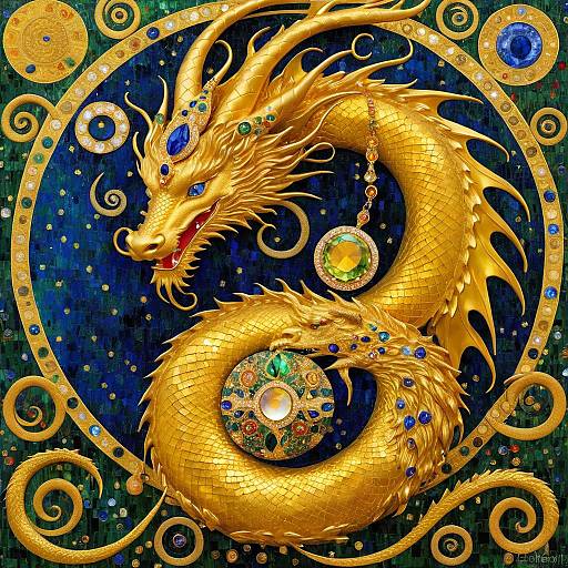 Golden Dragon with Jewels Inspired by Gustav Klimt