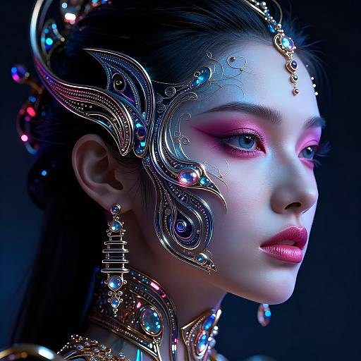 Digital artwork of an ethereal woman with pale skin, striking pink eyeshadow, and intricate, jewel-encrusted headpiece and jewelry,