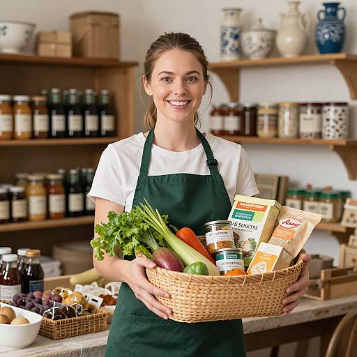 Photograph of a smiling young woman with brown hair in a green apron, holding a basket of fresh vegetables and spices in a well-stocked,