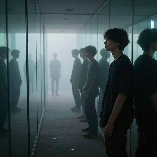 Photograph of silhouetted figures in a foggy, mirrored hallway, with reflections and distant, shadowy figures creating a mysterious, eerie atmosphere