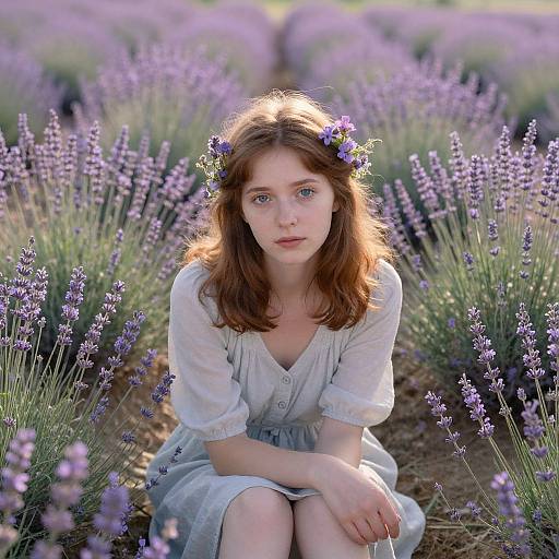 Photograph of a young woman with fair skin, red hair, and blue eyes, wearing a white dress and lavender flower crown, sitting in a vibrant